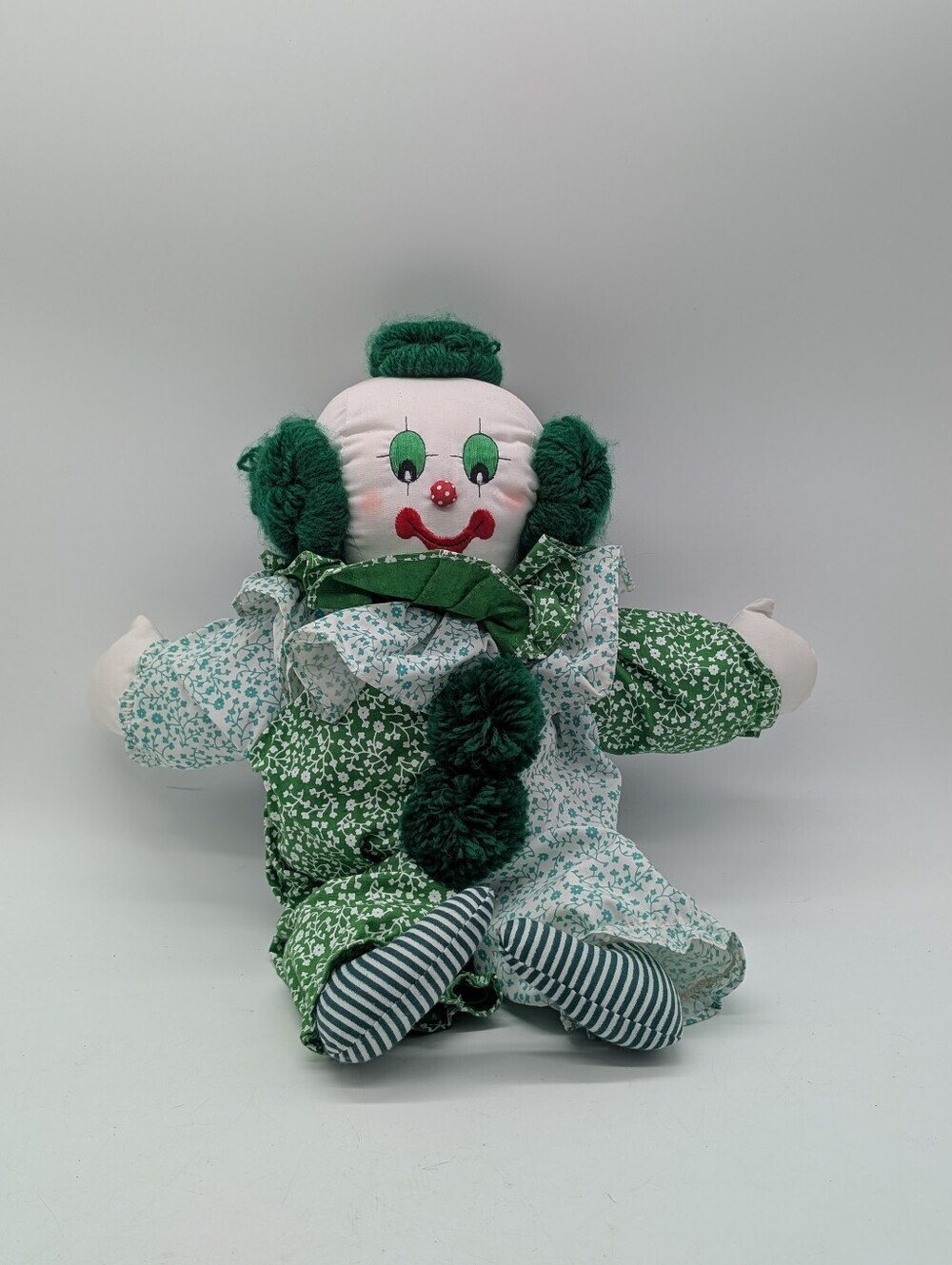 Vintage Handmade Calico Cloth Clown Doll – Green & White Floral Circus Core 12"